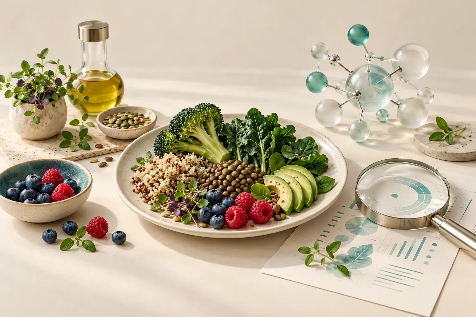 Ilustracja: posiłek z warzywami, strączkami i ziarnami obok lupy i szklanego modelu inspirowanego biochemią.